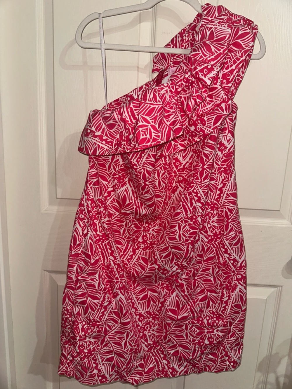 Lilly Pulitzer Sandra Pink & White One-Shoulder Ruffle Floral mini Dress 10